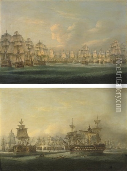 The British Fleet Going Into Action At Trafalgar, With Admiral Collingwood's Royal Sovereign Breaking The Line Ahead Of Nelson's Victory (+ In The Midst Of Battle, Trafalgar At 3.30 P.m; Pair) Oil Painting - Thomas Luny