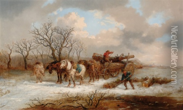 Winter Landscape With Horse And Carriage Oil Painting - Alexis de Leeuw