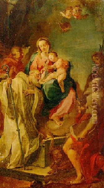 Madonna And Child With Saint Jerome And A Bishop Saint Oil Painting - Giovanni Battista Pittoni the younger