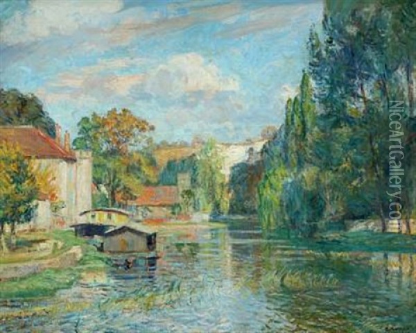 City Scene By A River, Likely France Oil Painting - Borge Christoffer Nyrop