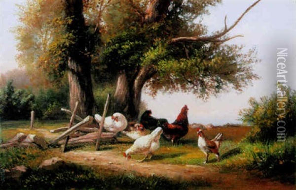 Chickens Feeding On A Country Lane Oil Painting - Cornelis van Leemputten