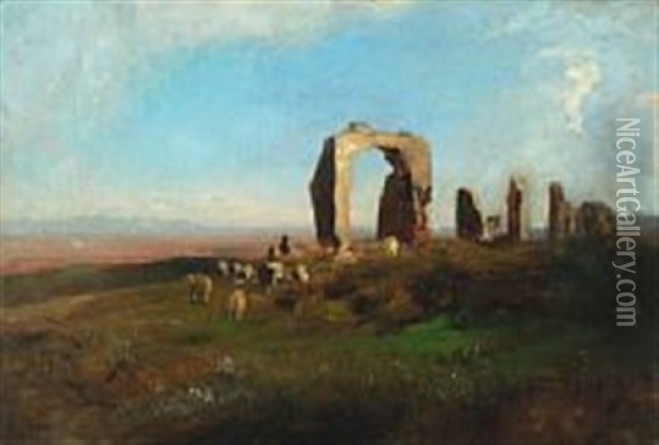 Twilight Landscape With Ruins And Grazing Sheep Oil Painting - Albert Flamm