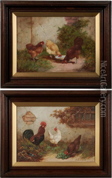 Pair Of Paintings: Chickens Feeding In A Farm Yard Oil Painting - E.S. England