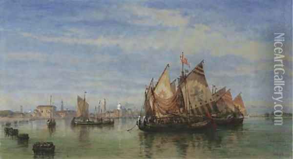 Fishing boats on the lagoon, Venice Oil Painting - William Wyld
