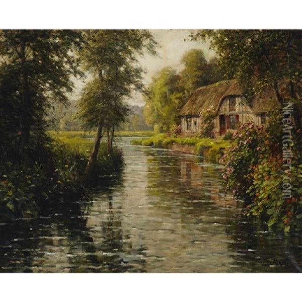 Cottage In Bloom On A River Bank In Normandy Oil Painting - Louis Aston Knight