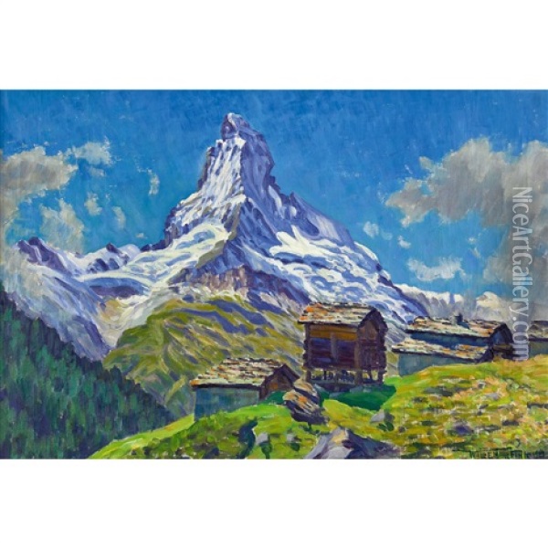 Matterhorn Mit Hutten In Findelen Ob Zermatt Oil Painting - Waldemar Theophil Fink