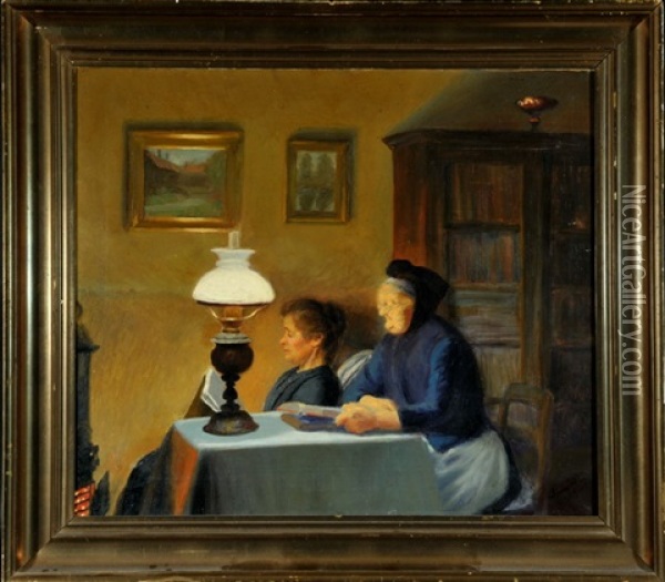 Mutter Mit Tochter Beim Abendlichen Lesen In Der Stube Oil Painting - Immanuel Hansen