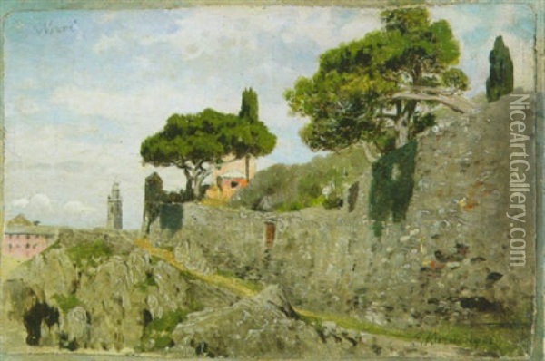 Parkmauer Und Gebaude In Nervi Oil Painting - Edmund Berninger