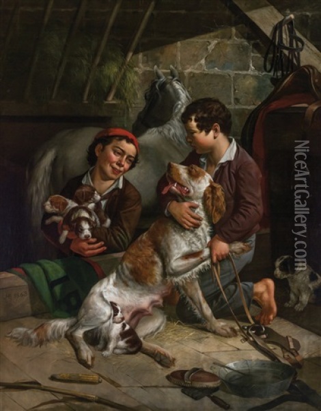 Dog And Her Puppies Oil Painting - James Henry Beard