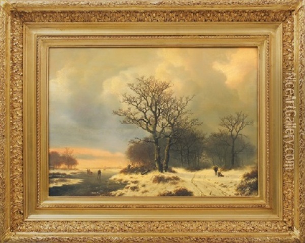 Winter Scene With Figures On Frozen Lake Oil Painting - Marianus Adrianus Koekkoek