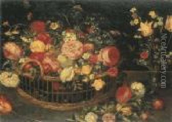 Roses, Carnations And Other 
Flowers In A Basket, With Tulips Andnarcissi In A Vase On A Table Oil Painting - Jan Brueghel the Younger
