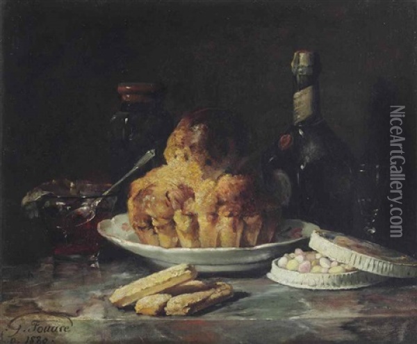 A Bundt Cake, A Glass Bowl With Confiture, A Bottle Of Dom Benedictine Liqueur And A Tin Of Pastilles And Eclairs Oil Painting - Guillaume Romain Fouace