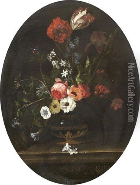 Bouquet De Fleurs Dans Un Vase Sur Un Entablement Oil Painting - Willem Van Aelst