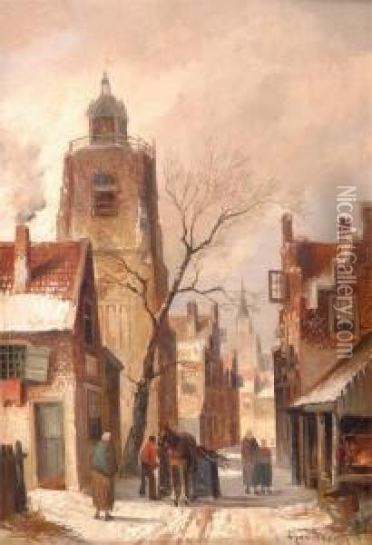 A Winter Street Scene With Horse Drawn Cart And Figures Oil Painting - Adam Van Der Woude