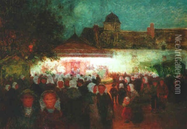 Fete Forained De Nuit Au Croisic - Le Manege Oil Painting - Ferdinand du Puigaudeau