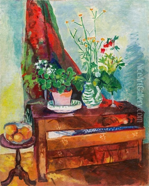 Interior With Sideboard An Flower Still Life Oil Painting - Robert Kohl