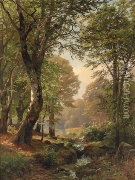 Roe Deer By A Woodland Stream Oil Painting - Heinrich Boehmer