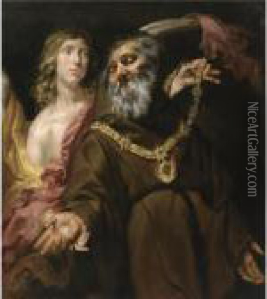 Saint Francis Of Paola Receiving The Arms From Saint Michael Ina Vision Oil Painting - Jan Cossiers