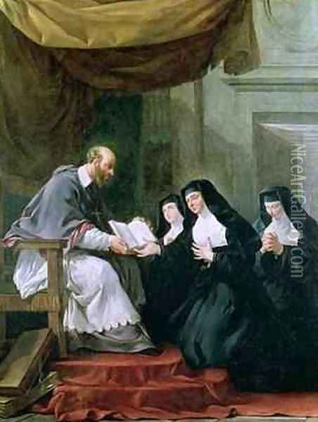 St Francois de Sales 1567-1622 Giving the Rule of the Visitation to St Jeanne de Chantal 1572-1641 Oil Painting - Noel Halle