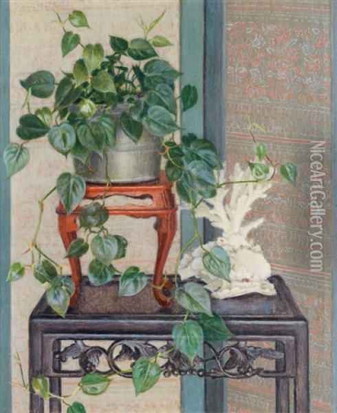 Still Life With Philodendrons And Coral Oil Painting - Adele Herter