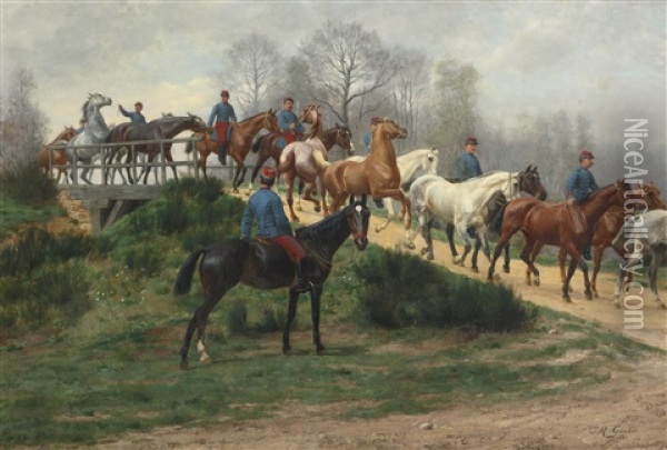 Soldiers Leading Horses Over A Bridge Oil Painting - Jean Richard Goubie