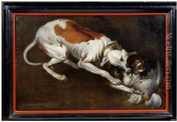 Chien Et Chat Se Disputant Un Trophee De Chasse Oil Painting - Nicasius Bernaerts