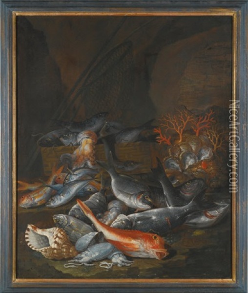 Still Life Of Assorted Fish, Shellfish And Coral With A Net And Basket Oil Painting - Francesco Della Questa