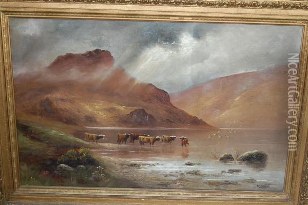 Highland Landscape Withcattle By A Loch Oil Painting - William Davis