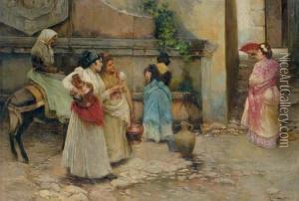 Mujeres Sacando Agua De Un Pozo (women Gathering Water At A Well) Oil Painting - Ricardo Brugada y Panizo
