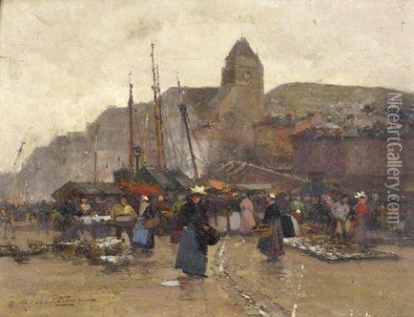Marche Sur Le Port Oil Painting - Eugene Galien-Laloue