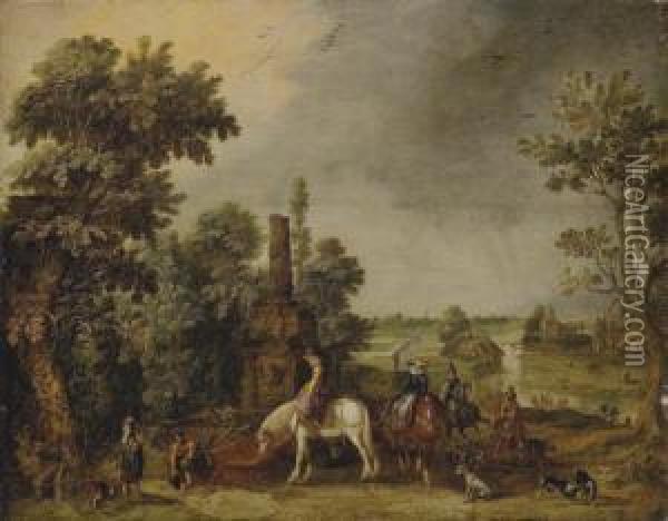 An Extensive Landscape With A Hunting Party Halting By A Classical Fountain Oil Painting - Esaias Van De Velde