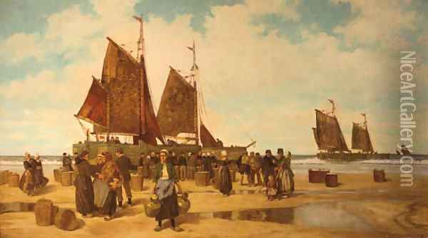 A fish-auction on the Dutch coast Oil Painting - German School
