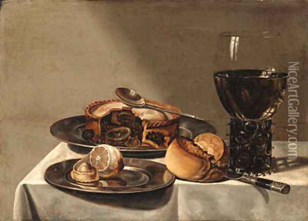A roemer, a pie with a spoon and a peeled lemon on pewter plates Oil Painting - Willem Claesz. Heda