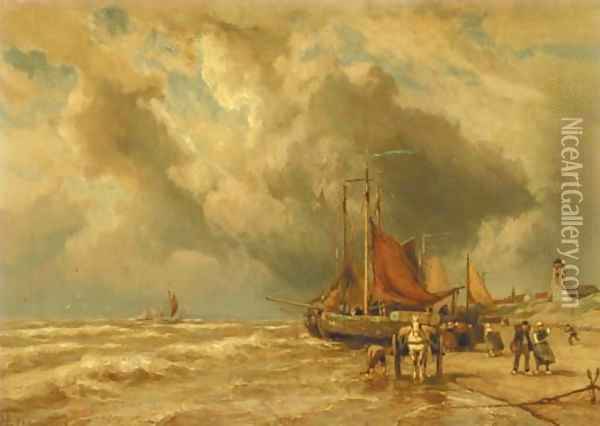 Beached bomschuiten on the coast of Katwijk aan Zee Oil Painting - Johannes Hermanus Koekkoek