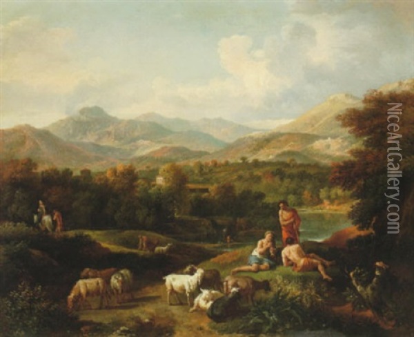Italienskt Landskap Med Herdar Och Boskap Oil Painting - Jan Frans van Bloemen