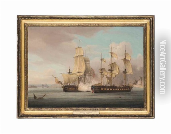Hms Crescent, Under The Command Of Captain James Saumarez, Capturing The French Frigate Reunion Off Cherbourg, 20 October 1793 Oil Painting - Thomas Whitcombe