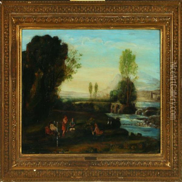 Archaic Landscapewith Animals And Figures At A Stream Oil Painting - Aert van der Neer