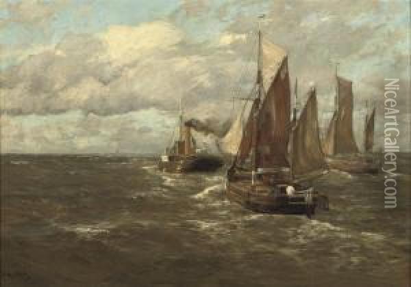 Boats In Open Water Oil Painting - Erwin Carl Wilhelm Gunther