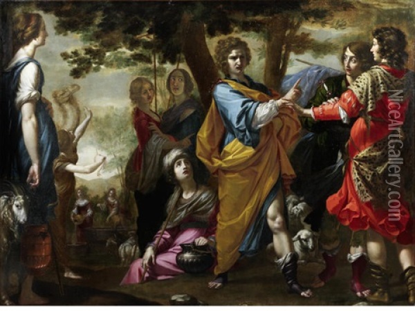 Moses Defending The Daughters Of Jethro At The Well (in Collab. W/his Studio) Oil Painting - Vincenzo Dandini