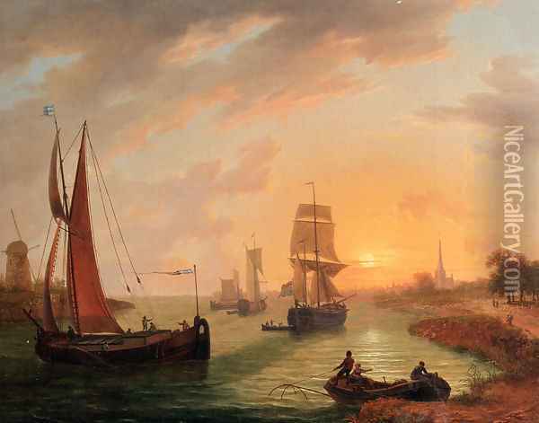 An EstuaryWith Various Shipping At Sunset Oil Painting - Frans Swager
