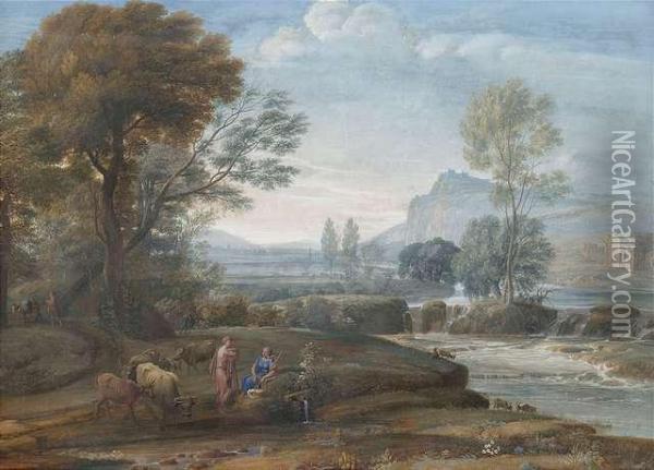 Extensive Arcadic Landscape With Stream Course And Shepherd's Idyll. Oil Painting - Carl Ludwig Katz