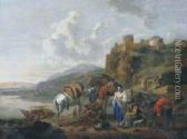 An Italianate River Landscape With Travellers By A Ferry Oil Painting - Johannes Lingelbach