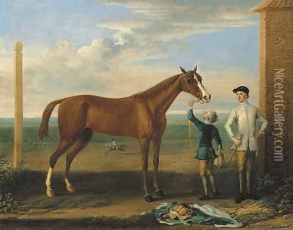 Bald Charlotte, also known as Lady Legs, a chestnut mare, held by a groom, with a jockey, at Newmarket Oil Painting - John Wootton