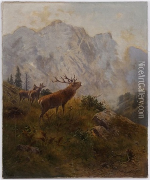 Cerf Bramant Et Biches Dans Un Paysage De Montagne Oil Painting - Ludwig Skell