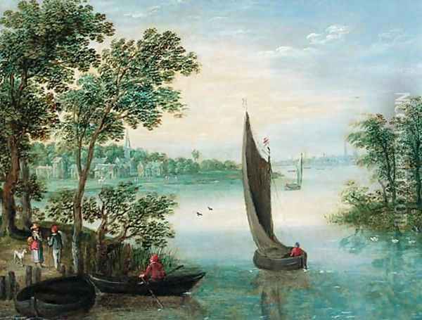 An extensive river landscape with peasants at a landing stage, a town beyond Oil Painting - Maerten Ryckaert
