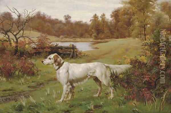 A Marbled Beauty - An English Setter in a landscape, a lake beyond Oil Painting - John Martin Tracy