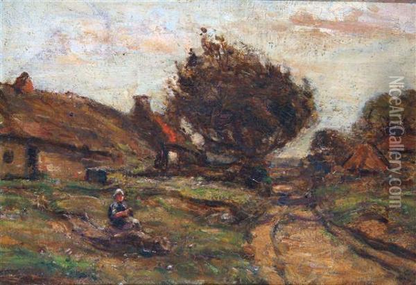 A Country Roadwaywith Figure Seated Upon A Grassy Bank Oil Painting - John Bowman