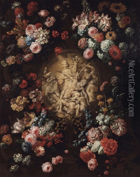 A Sculpted, Stone Medallion With An Early Christian Motif, Surrounded By A Wreath Of Flowers Oil Painting - Jan-Baptiste Bosschaert
