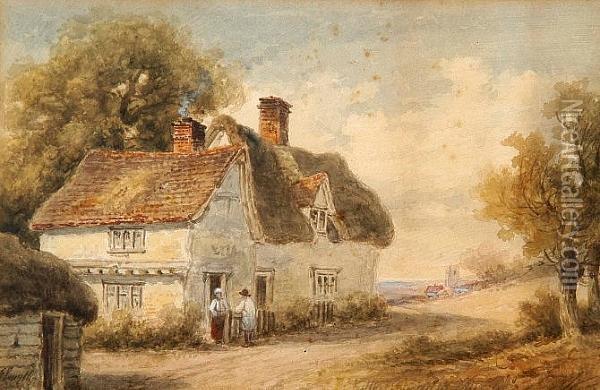 Figures Before A Country Cottage Oil Painting - Thomas Smythe