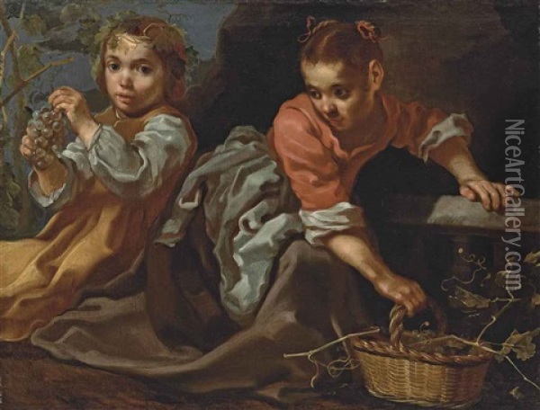 Allegory Of Autumn, Or Taste: Two Children With A Basket Of Grapes Oil Painting - Bernhard Keil